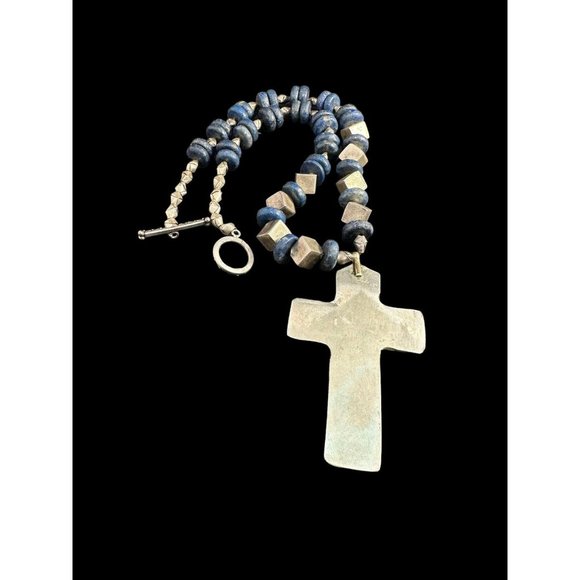 Vintage Lapis Lazuli Cross Necklace Silver Plated Geometric Beads Dangle Ethnic - Picture 7 of 7